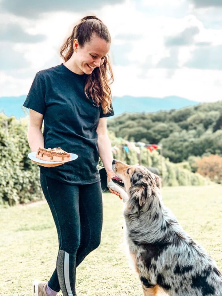Hunde Geburtstagsparty. Mädchen steht mit Hunde Geburtstagstore vor ihrem Hund. Hund gibt ihr die Pfote in die Hand.