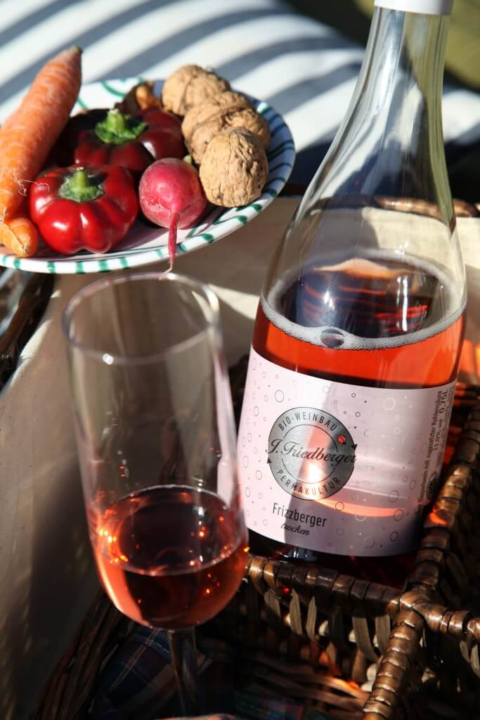 Picknick mit Hund. Eine Flasche Bio Frizzberger mit gefülltem Snackteller im Hintergrund.